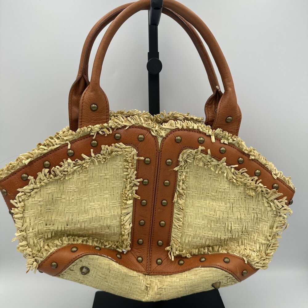 BCB Girls Brown & Beige Woven Straw & Leather Tote Bag With Fringe Details